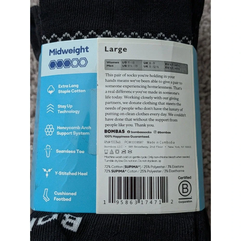 Bombas Midweight Socks Black Size Large Supima Cotton Mid Calf 4 Pairs NWT
